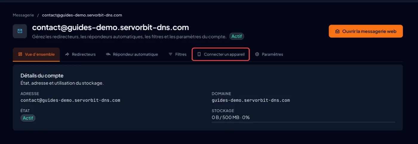 Capture d'écran cPanel : Ouvrez l'onglet de connexion