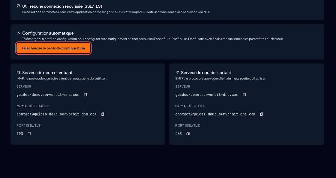 Capture d'écran cPanel : Configurez automatiquement un iPhone, un iPad ou un Mac