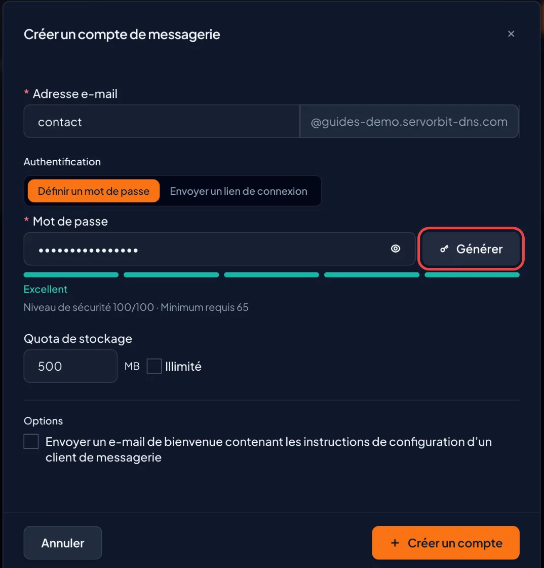 Capture d'écran cPanel : Définissez le mot de passe et le quota