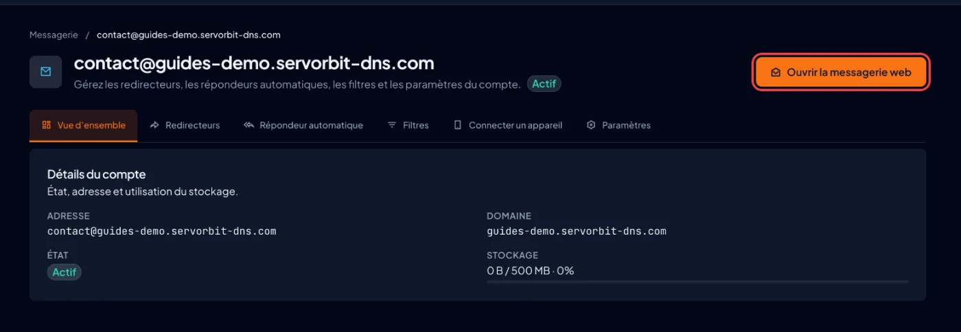 Capture d'écran cPanel : Ouvrez la messagerie web
