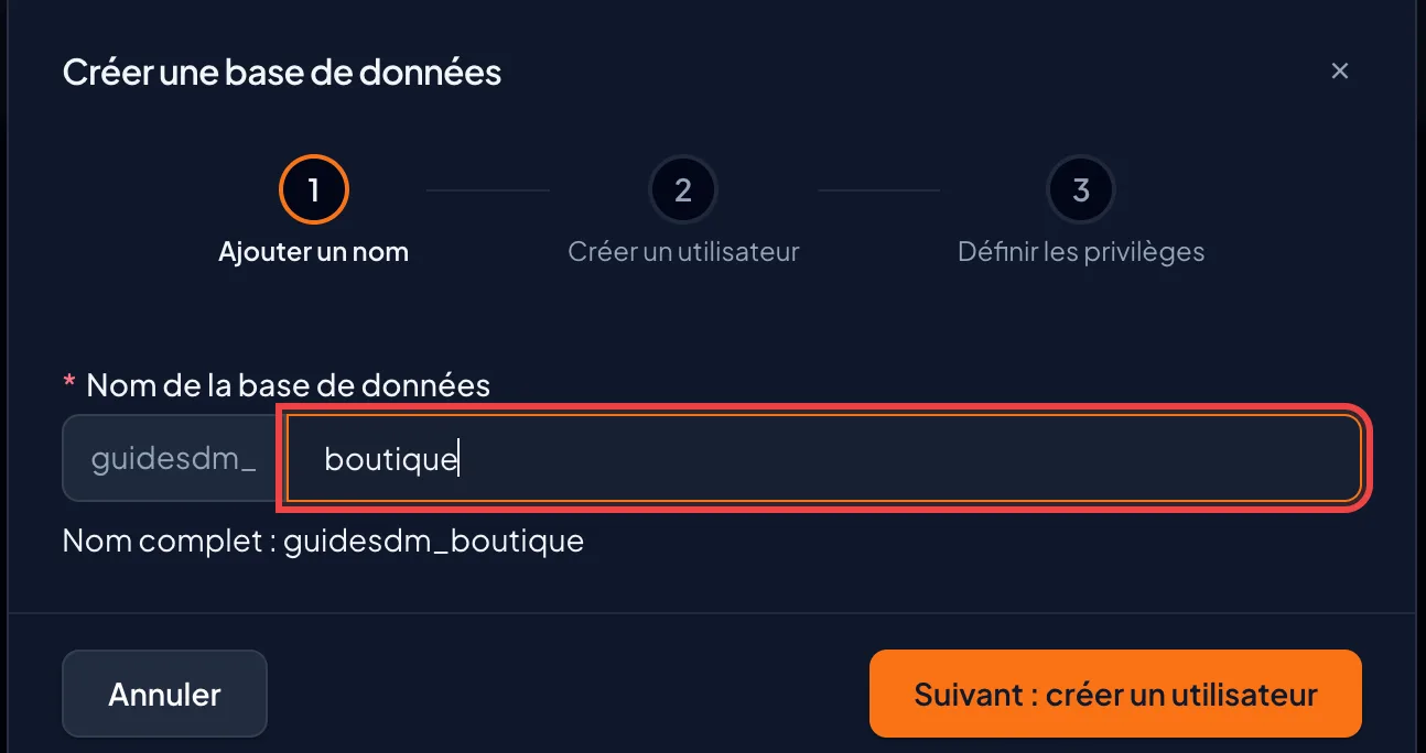 Captura de pantalla de cPanel: Asigne un nombre a la base