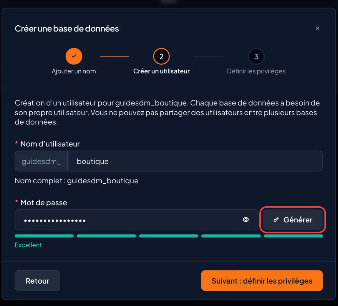 Captura de pantalla de cPanel: Cree el usuario
