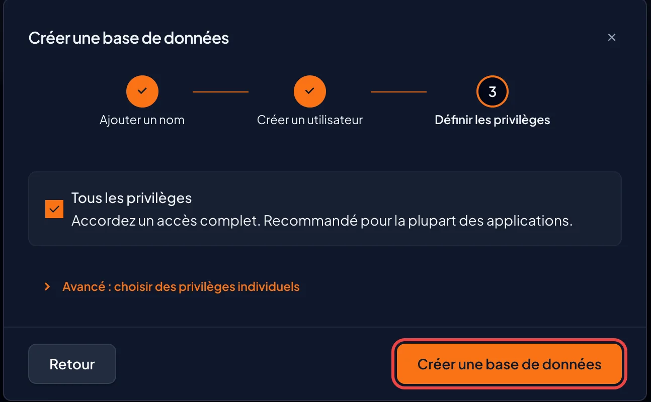 Captura de pantalla de cPanel: Conceda todos los privilegios