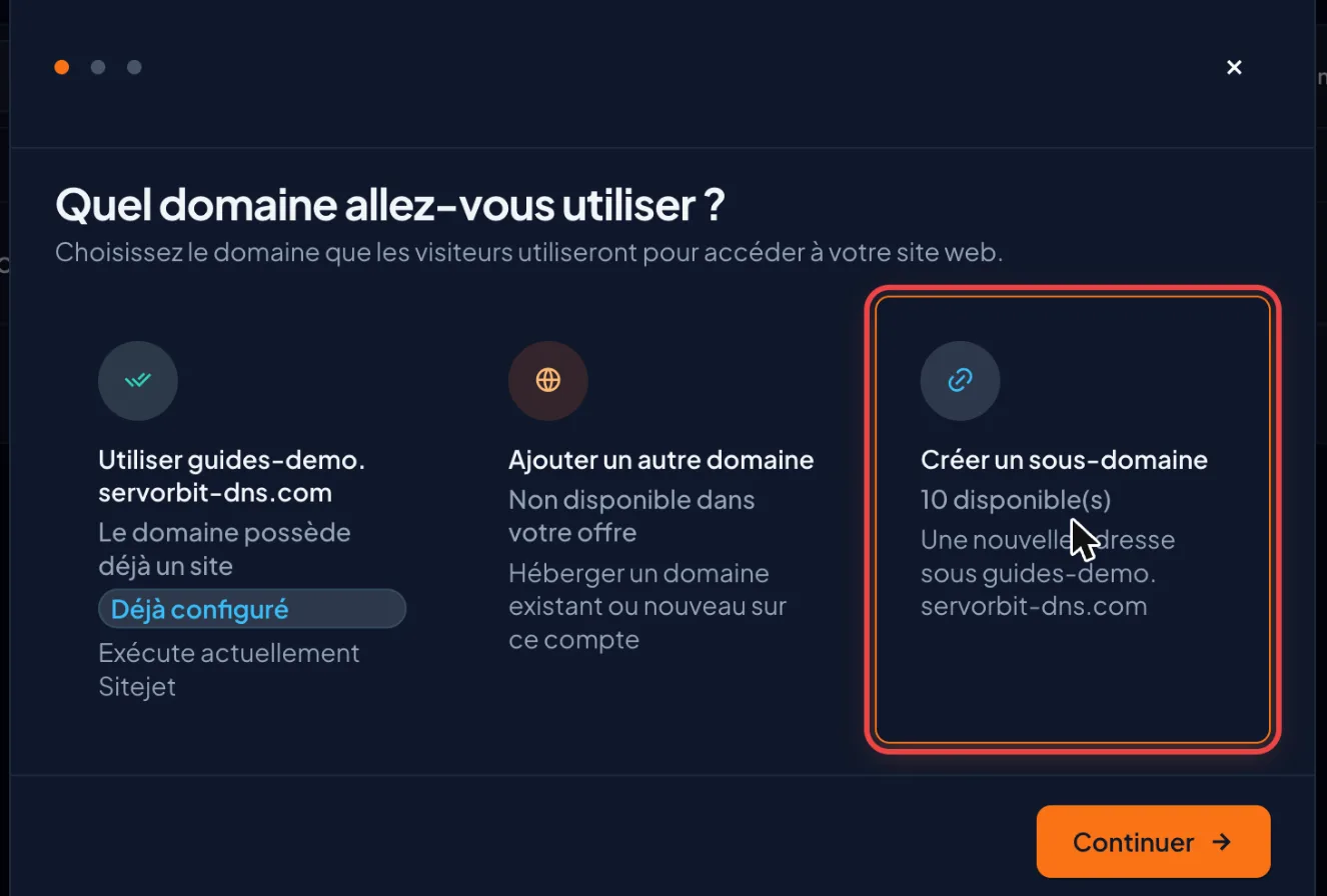 cPanel screenshot: Choose to create a subdomain