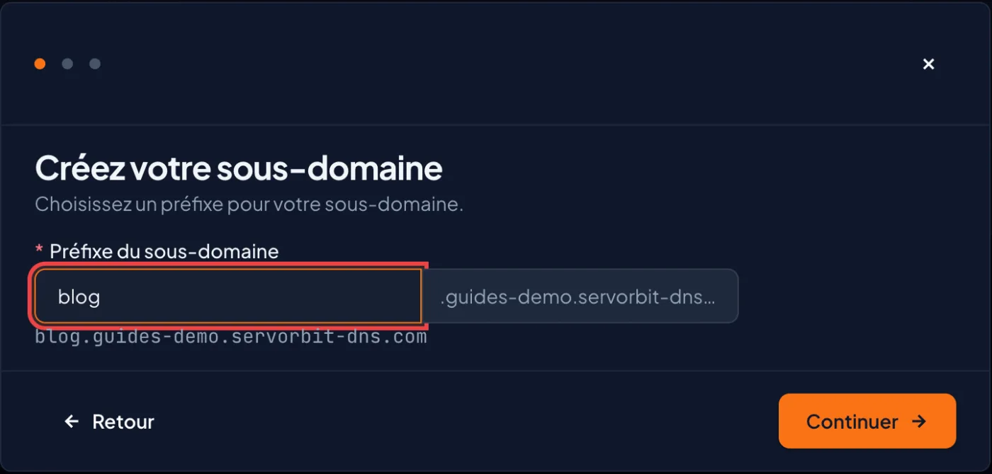 cPanel screenshot: Name the subdomain