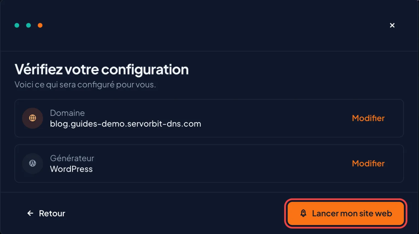 cPanel screenshot: Launch the site