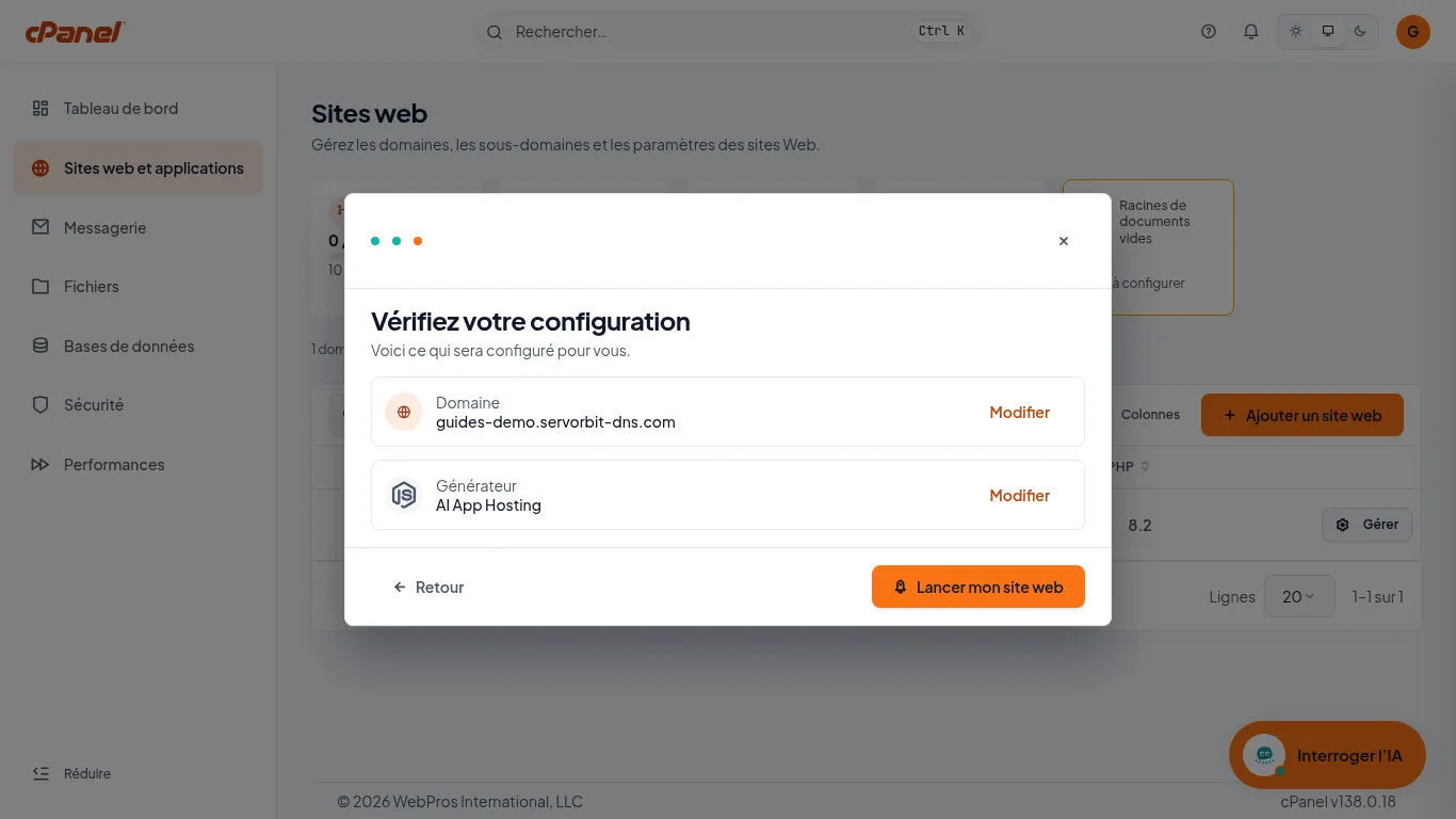 Capture d'écran cPanel : Vérifiez la configuration avant de lancer