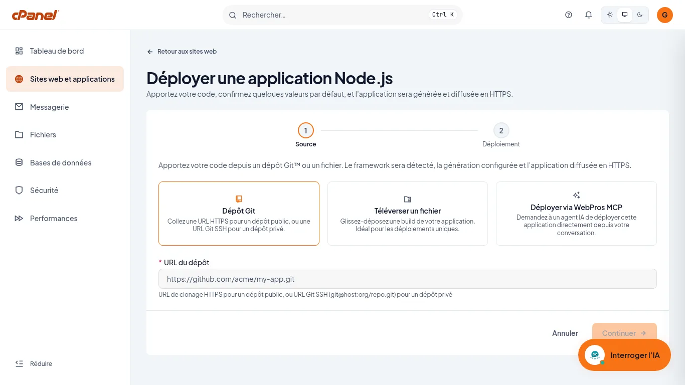 Capture d'écran cPanel : Indiquez la source du code