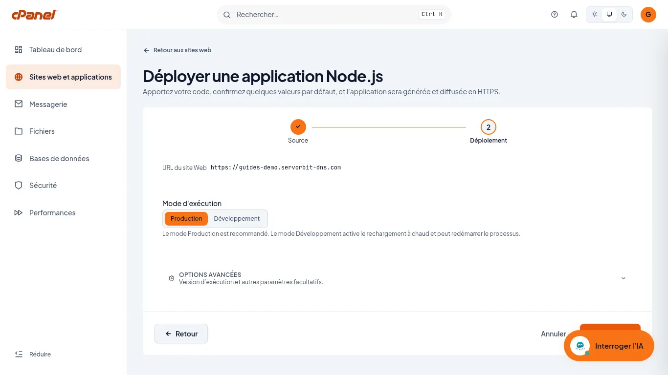 Capture d'écran cPanel : Choisissez le mode d'exécution