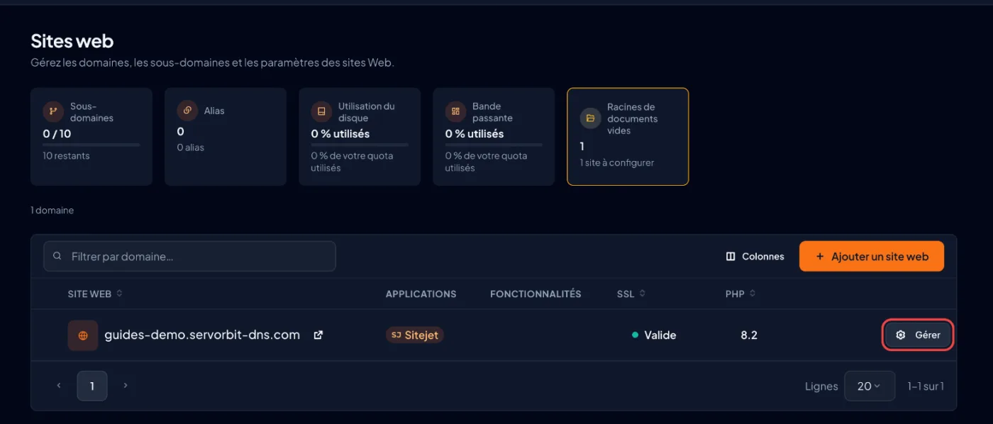 Capture d'écran cPanel : Ouvrez la page de votre site
