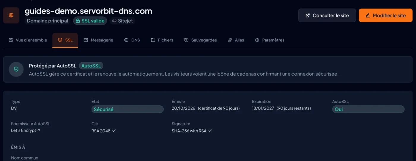 Capture d'écran cPanel : Vérifiez le certificat
