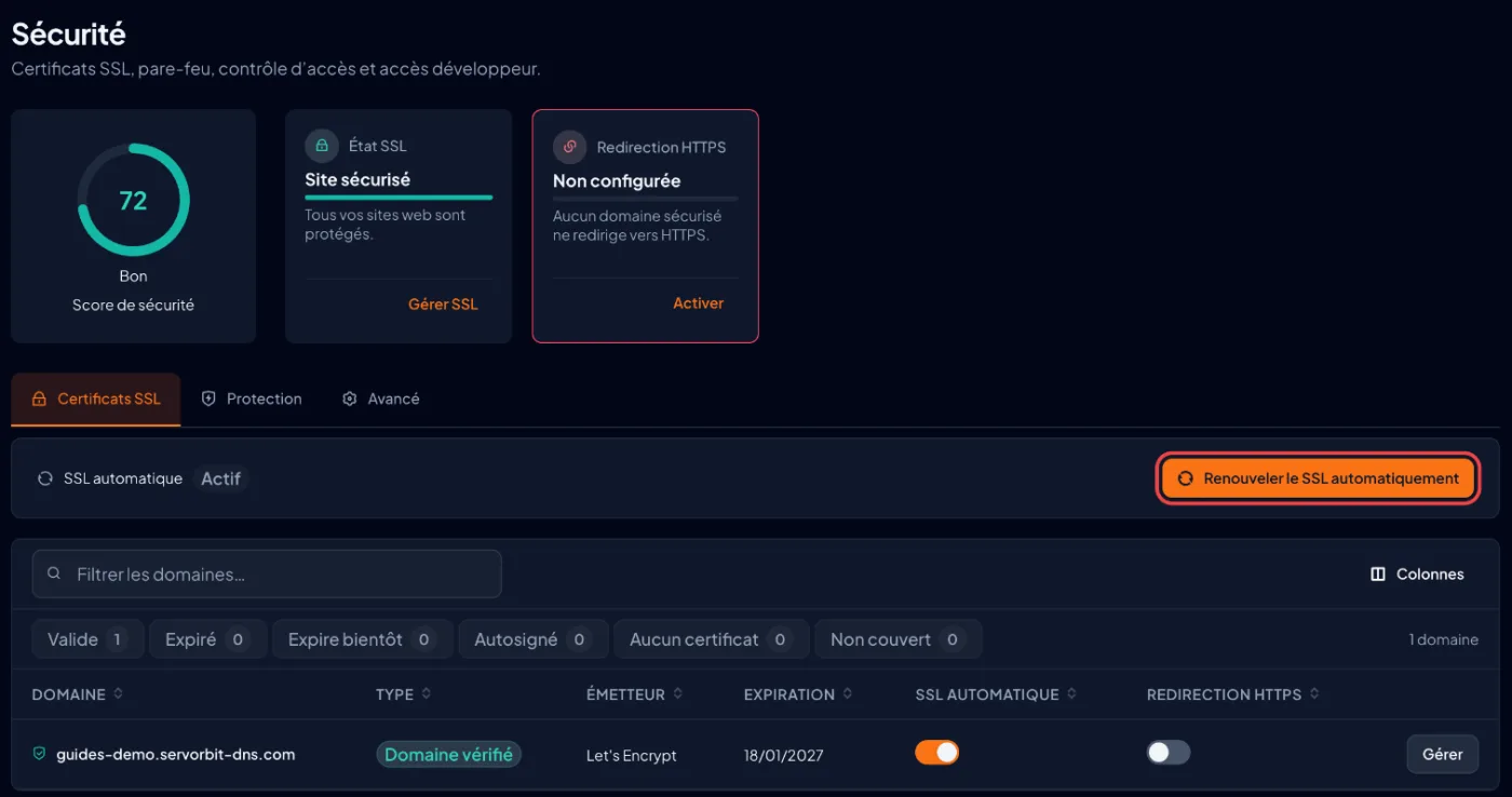 Capture d'écran cPanel : Lancez le SSL automatique si besoin