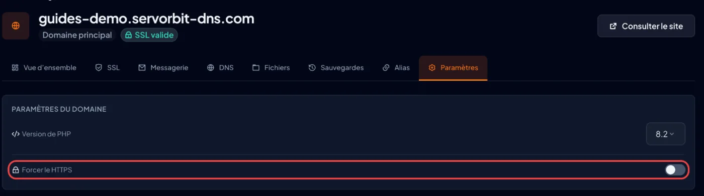 Capture d'écran cPanel : Activez la redirection HTTPS