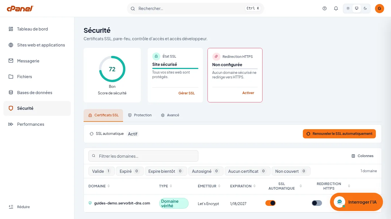Capture d'écran cPanel : page Sécurité, onglet Certificats SSL avec la carte État SSL et le tableau des domaines