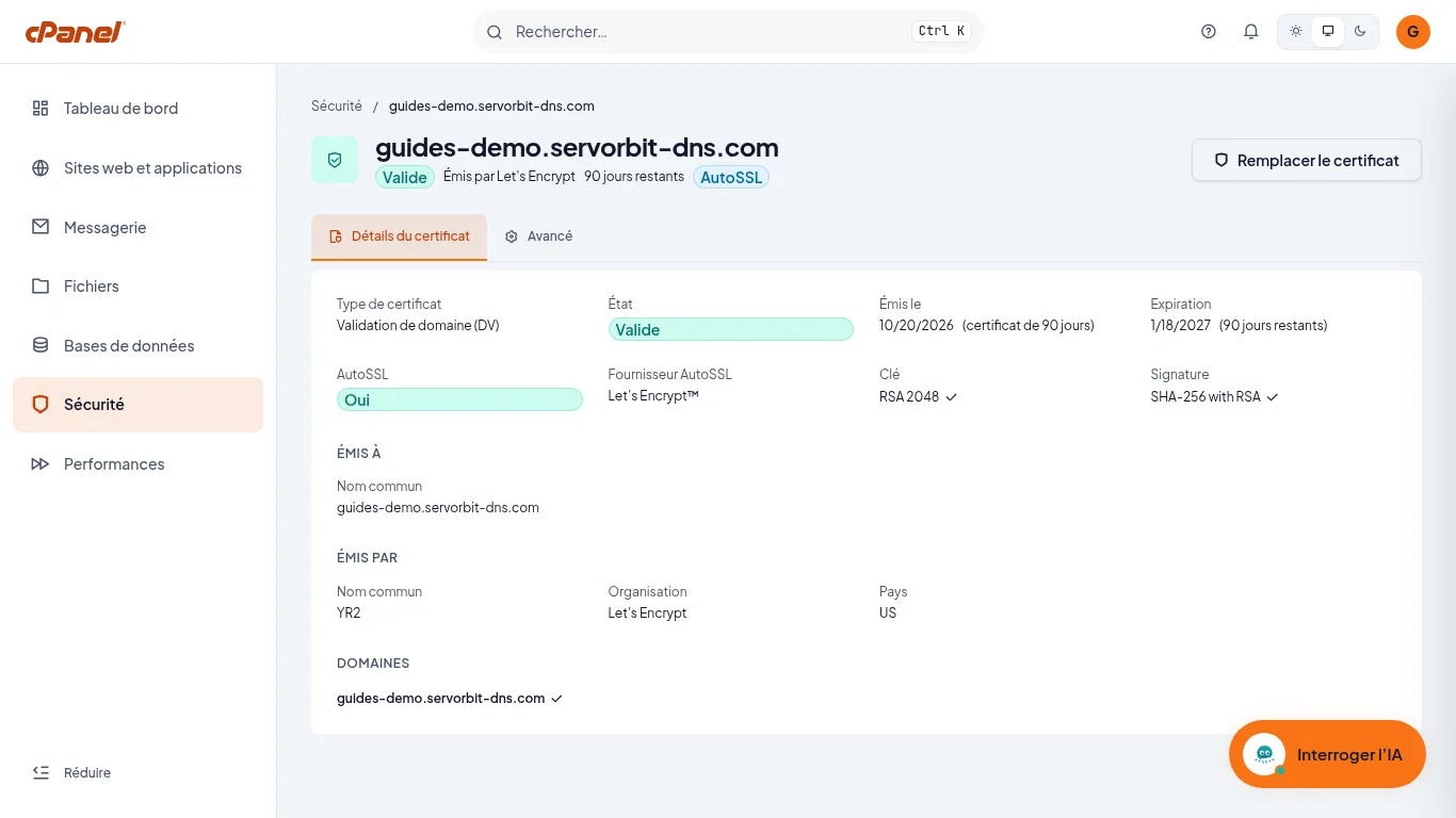 Capture d'écran cPanel : fiche détaillée du certificat avec les colonnes Type, Émetteur et Expiration