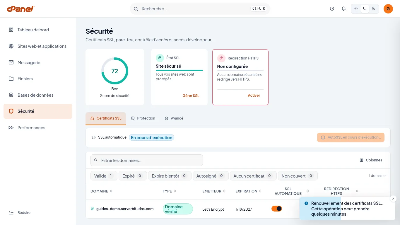 Capture d'écran cPanel : AutoSSL en cours d'exécution après avoir cliqué sur Renouveler le SSL automatiquement